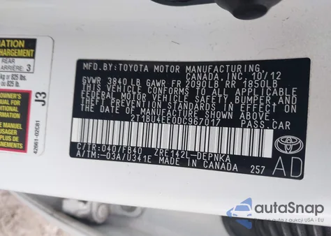 2013 Toyota Corolla Le z USA, uszkodzony, nr VIN 2T1BU4EE0DC967017